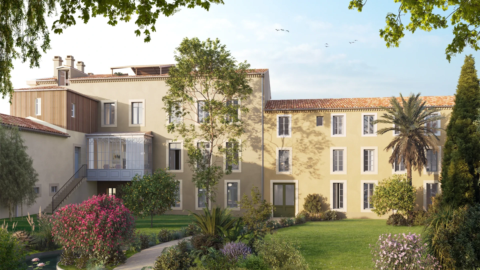 Perspective de l’Hôtel de Sauzède à Carcassonne, façades sur le parc arboré