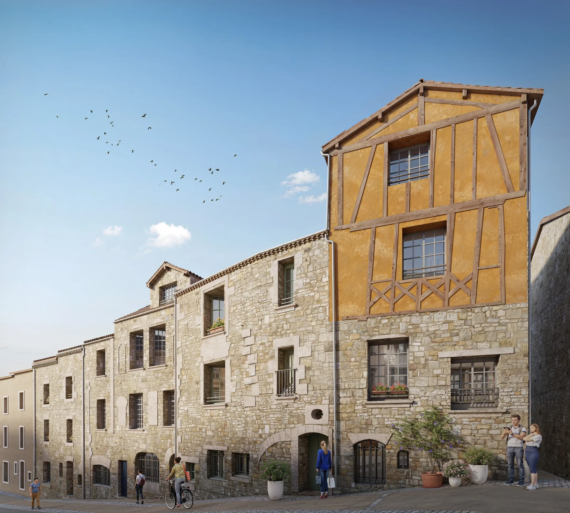 Perspective de l’Hôtel de Sully à Périgueux après restauration, façades en pierre et pans de bois